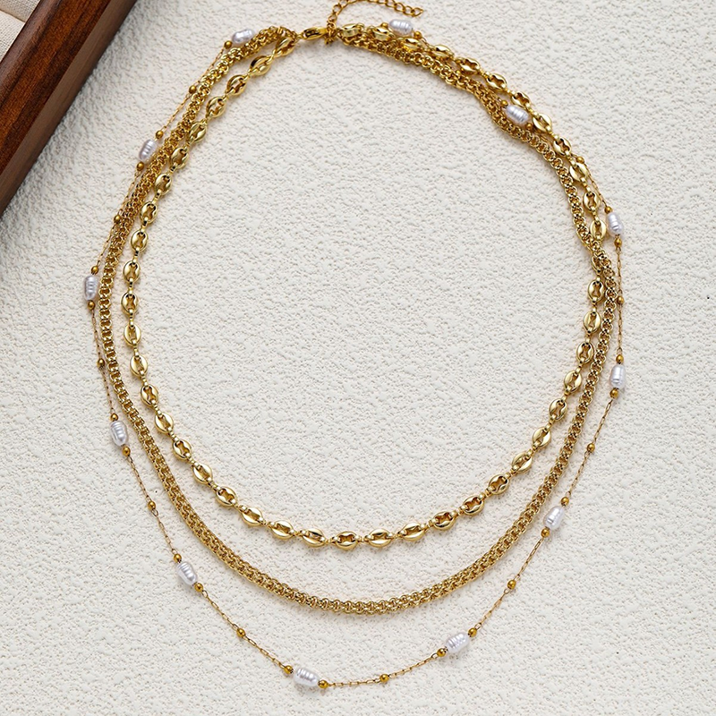 Gold Pearl Layered Chain Necklace