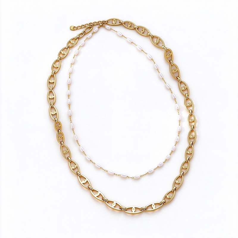 Gold Pearl Layered Chain Necklace
