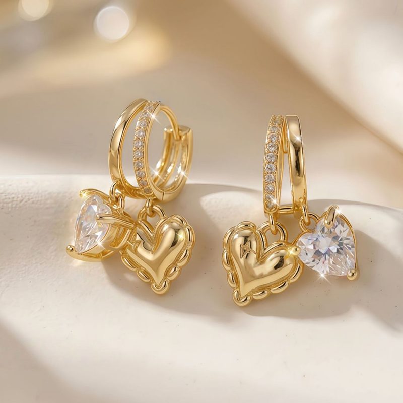 Double Heart Gold Drop Earrings