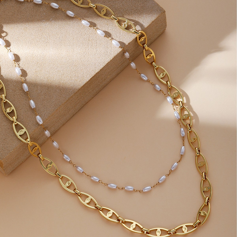 Gold Pearl Layered Chain Necklace