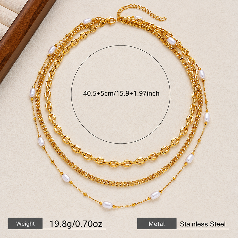 Gold Pearl Layered Chain Necklace