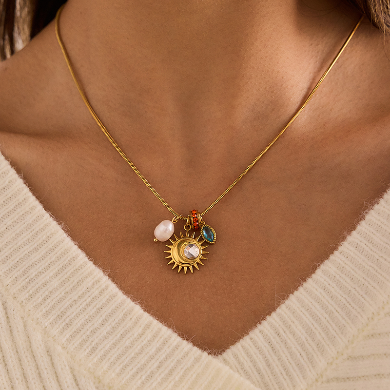 Gold Sun Moon Charm Necklace