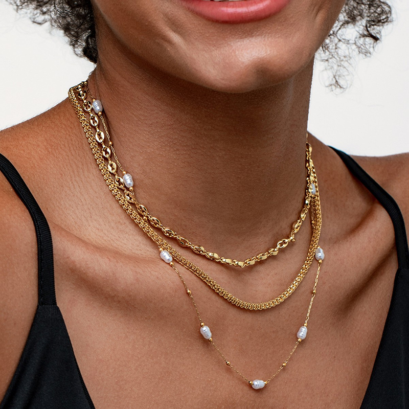 Gold Pearl Layered Chain Necklace