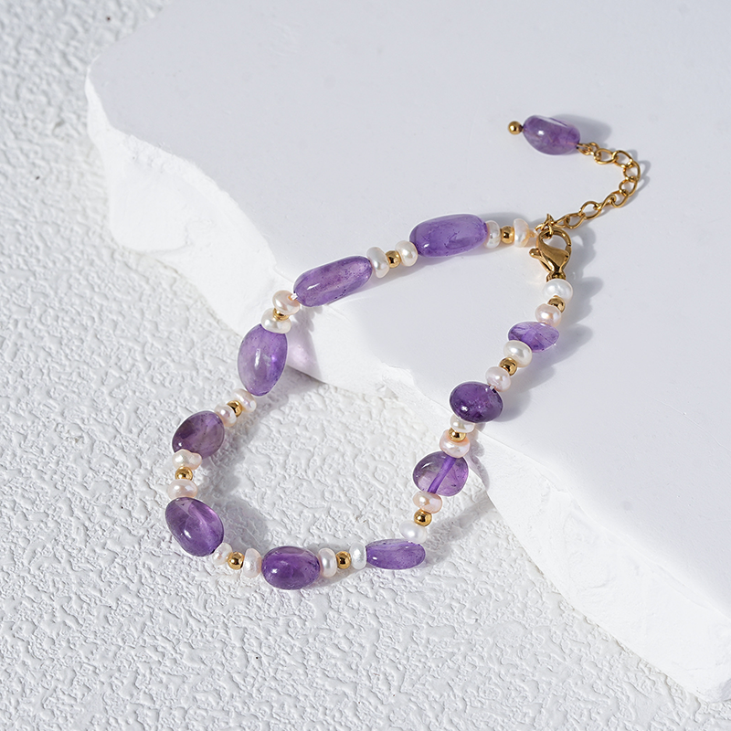 Purple Stone Pearl Beaded Bracelet