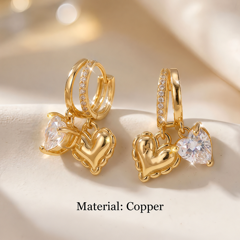 Double Heart Gold Drop Earrings