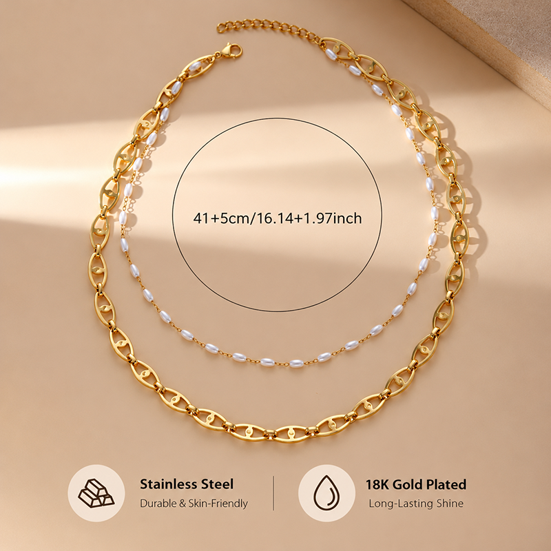Gold Pearl Layered Chain Necklace