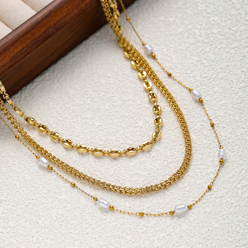 Gold Pearl Layered Chain Necklace