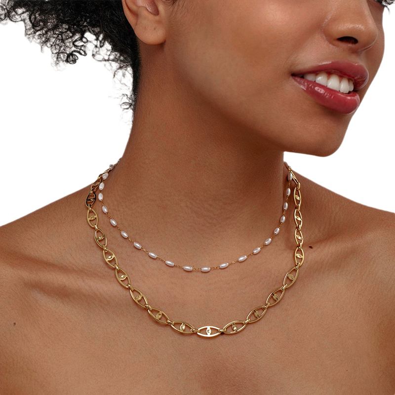 Gold Pearl Layered Chain Necklace