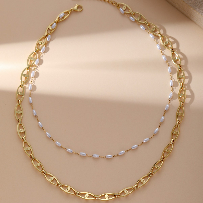 Gold Pearl Layered Chain Necklace