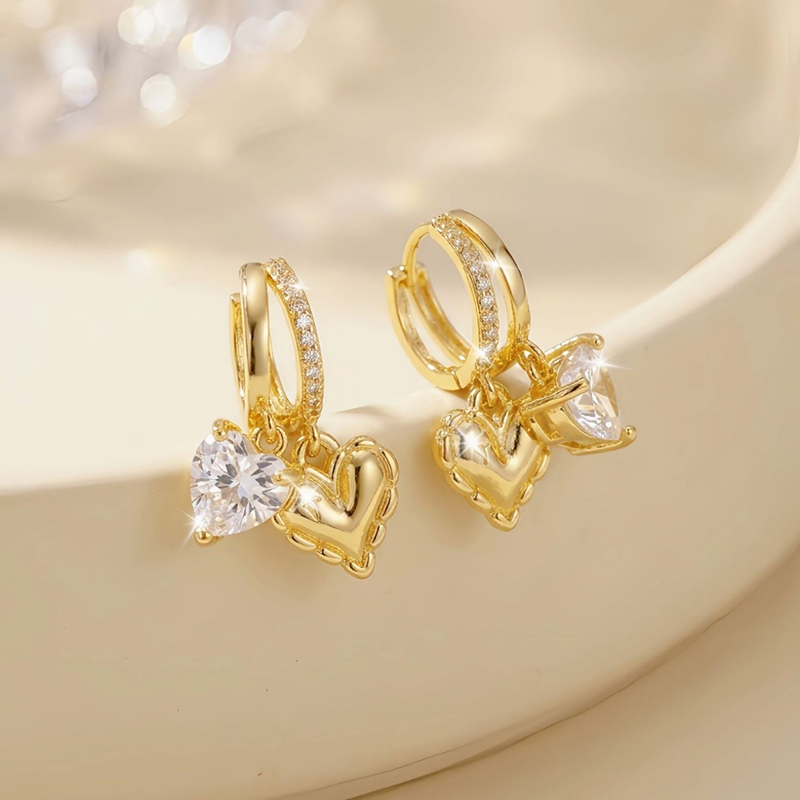 Double Heart Gold Drop Earrings
